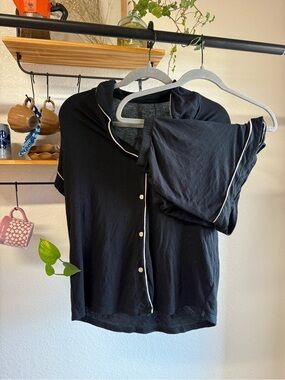 Kids Black Button-Down Short-Sleeve Shirt with Contrast Piping